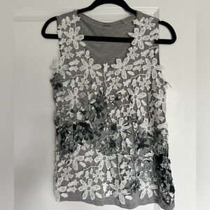 Tahari Gray and White Floral Lace Tank Top